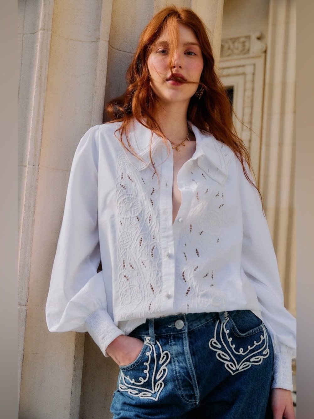 Farm Rio Off-White Embroidered Lace Buttoned Smocked Cuff Shirt